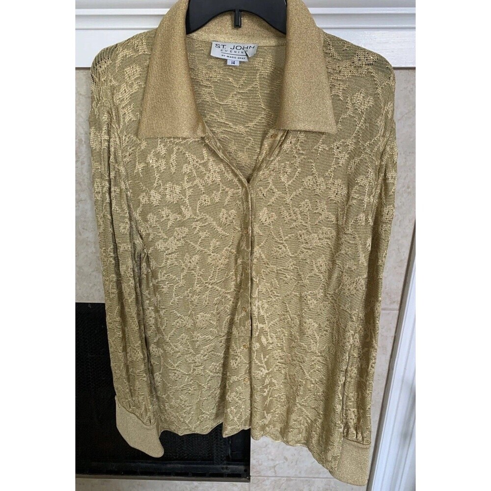 St John Evening Womenโs Champagne Gold Metallic Knit Button Front Top Sz 14